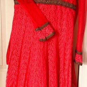 Red Lace Dress with Gold Accents